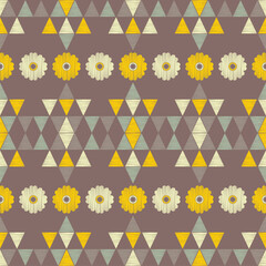 Seamless background with decorative flowers and triangles. Design with manual hatching. Ethnic boho ornament. Textile. Vector illustration for web design or print.