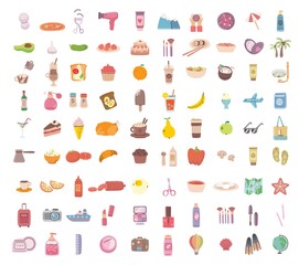 Big set of food, drink bodycare, travel and summer holiday related objects and icons. For use on poster, banner, card and pattern collages.