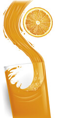 Wall Mural - pouring a glass of orange juice creating splash, fresh orange slice