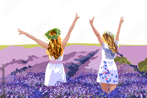 Two blonde women in white dresses with floral crowns on head standing in lave...