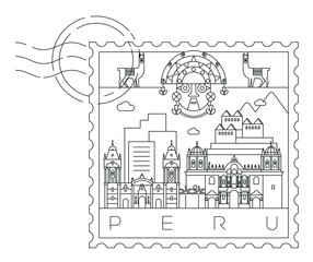 Wall Mural - Peru landmarks stamp minimal linear vector illustration and typography design