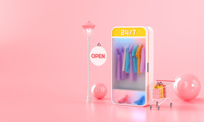 Poster - Online Mobile Shopping, Mobile store service with clothes, cart and delivery parcel concept