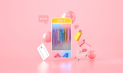Poster - Online Mobile Shopping, Mobile store service with clothes, cart and delivery parcel concept