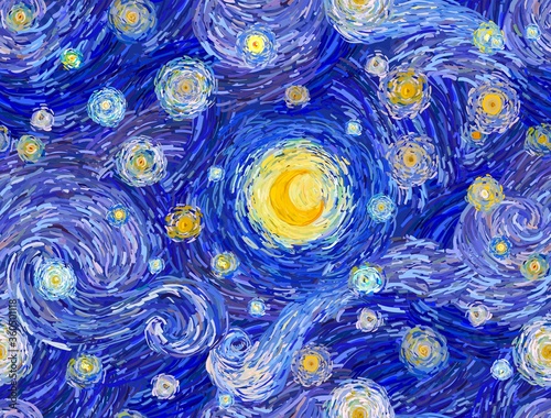 Naklejki Vincent van Gogh  swiecacy-ksiezyc-i-gwiazdziste-niebo-i-chmury-streszczenie-tlo-bezszwowe-wektor-wzor-w