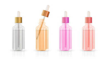 Fototapete - Set of realistic cosmetic container different color glass with collagen solution advertising background ready to use, luxury skin care cream. Beauty product ad design. Transparent pipette