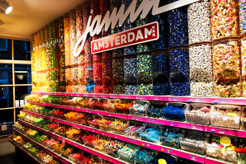 AMSTERDAM, NETHERLANDS - NOV 2, 2019: View inside Jamin candy store with colorful candy display.