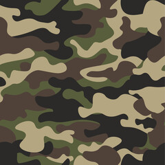Sticker - Camouflage seamless pattern background. Classic clothing style masking camo repeat print. Green brown black olive colors forest texture. Design element. Vector illustration.