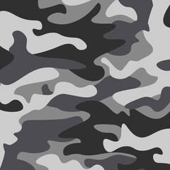 Camouflage pattern background. Classic clothing style masking camo repeat print. Black grey white colors winter ice texture. Design element. Vector illustration.