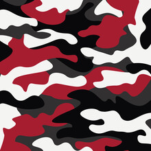 Camouflage Pattern Background. Classic Clothing Style Masking Camo Repeat Print. Red White Black Colors Forest Texture. Design Element. Vector Illustration.