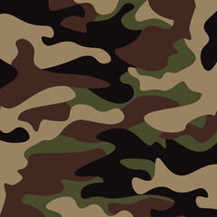 Wall Mural - Camouflage pattern background. Classic clothing style masking camo repeat print. Green brown black olive colors forest texture. Design element. Vector illustration.