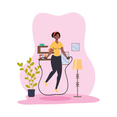 Wall Mural - woman practicing jump rope sport activity in the house