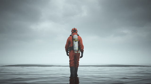 Man Hazmat Suit with Gas Mask and Breathing Apparatus Walking Away in Water with Black Sand 3d illustration 3d render  