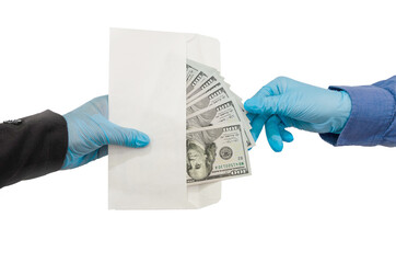 Two hands hold or give an envelope with US dollars in medical gloves for protection, quarantine covid19.White background.