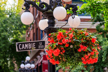 Cambie Street Light And Sign With Flower Basket In  Gastown District Of Vancouver In British Columbia Canada