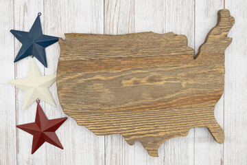 Wall Mural - Wood map of the USA with metal stars on weathered whitewash wood textured material background