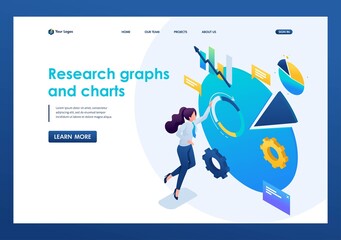 Aufkleber - Young girl in progress at work, graphic Research and charts. 3D isometric. Landing page concepts and web design