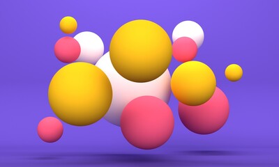 Poster - Cheerful abstract background with flying colored spheres on a lilac background. Minimalistic backdrop design for product promotion. 3d rendering