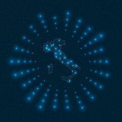 Poster - Italy digital map. Glowing rays radiating from the country. Network connections and telecommunication design. Vector illustration.