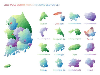 Poster - South Korean low poly regions. Polygonal map of South Korea with regions. Geometric maps for your design. Authentic vector illustration.