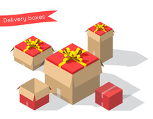Carton Gift Boxes Delivery Packaging Open And Closed Box With Bows. Vector Isometric Cardboard Box Mockup Set