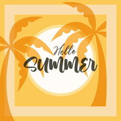 Canvas Print - hello summer travel and vacation season, palm trees tropical badge lettering text