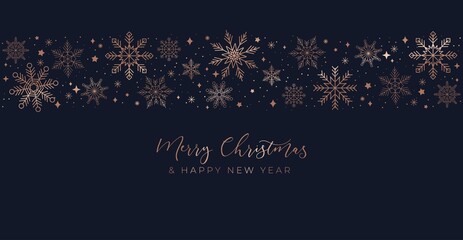 Luxury Christmas design with rose gold linear snowflakes. Xmas elegant background. Merry Christmas and Happy new year festive greeting card. Vector illustration