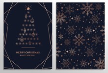 Set Of Elegant Christmas Greeting Cards With Rose Gold Snowflakes, Christmas Tree And Navy Blue Background. Elegant Holiday Template For Greeting Cards, Invitation, Business Offers.Vector Illustration