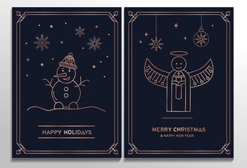 Wall Mural - Luxury Christmas cards set. Elegant New year templates with rose gold geometric elements and navy blue background. Rose gold snowflakes, angel and snowman in line art style. Vector illustration