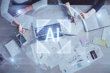 Aufkleber - Double exposure of woman hands working on computer and data theme hologram drawing. Top View. Technology concept.