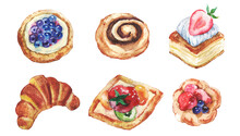 Set Of Watercolor Pastries With Fruits