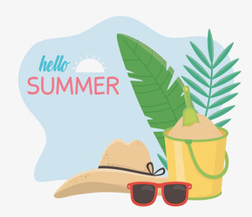 Canvas Print - hello summer travel and vacation hat sunglasses sand bucket leaves