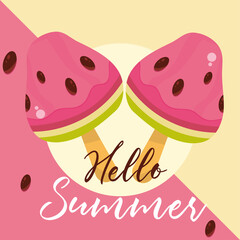 Canvas Print - hello summer travel and vacation season, watermelon ice cream in sticks, lettering text banner