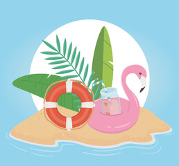 Canvas Print - summer travel and vacation float flamingo lifebuoy juice and tropical leaves