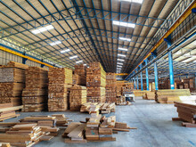 Lumber - Wood Factory Stock Or Timber In Warehouse. ,Piles Of Wooden Boards  Waiting For Shipping. Lumber, Business, Production, Manufacture And Woodworking Industry Concept