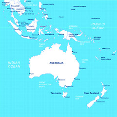 Detailed Grip Map - South East Asia / Australia Pacific Region in white on blue background with country names and metropolitan areas and capitals for use in finance and political content.