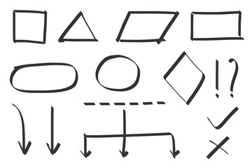 hand drawn diagram chart set for mind mapping and business plan. Arrow and flowchart doodle line sketch symbol vector illustration