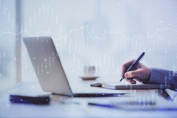 Aufkleber - Multi exposure of forex chart with man working on computer on background. Concept of market analysis.