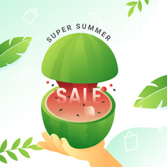 Canvas Print - Advertising Poster Design Decorated with Tropical Leaves and Hand holding Cracked Watermelon for Super Summer Sale.