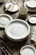 Set of modern ceramic tableware, handmade. Selective focus.