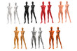 Male and female figure without hands. Plastic undressed mannequins for clothes. Set of white, black, red, beige, gold, silver, bronze colors. Vector 3d illustration isolated on white background.
