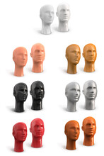 Male And Female Head Of A Human Mannequin In White, Black, Red, Beige, Gold, Silver, Bronze Colors. Part Of The Body. Vector 3d Illustration Isolated On White Background.