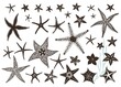 Starfishes hand drawn set, big vector collection design sea stars. Emblem, decor, symbol sea or beach, isolated silhouette on white background.