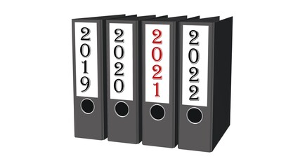 Poster - Year change 2021 - file folder in a row - sorted by ascending year - isolated on white background - 3D illustration