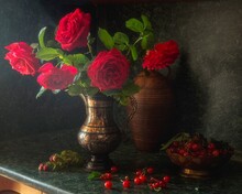 Still Life With Bouquet Of Splendid Red Roses