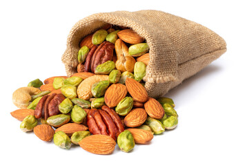 unsalted mixed nuts in the sack, isolated on white background