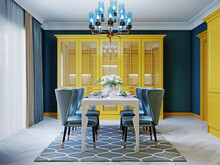 Dining Glass Table With Four Soft Chairs, Kitchen Interior In Blue And Yellow Colors.