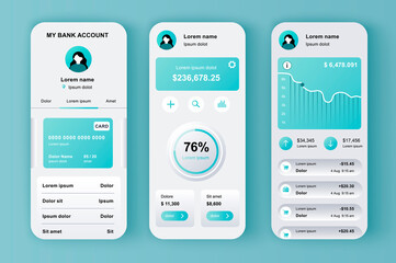 Aufkleber - Online banking unique neomorphic design kit for app. Mobile wallet screens with financial analytics and money balance. Financial management UI, UX template set. GUI for responsive mobile application.