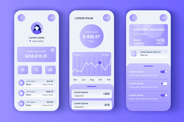 Aufkleber - Online banking unique neomorphic design kit. Smart finance app with manage transactions and view account activities. Financial management UI, UX template set. GUI for responsive mobile application.
