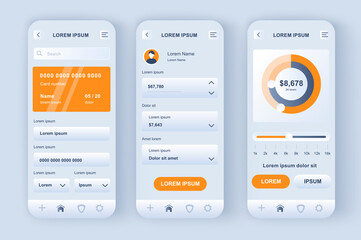 Aufkleber - Online banking unique neomorphic design kit. Personal financial accounting app, money flow analytics, smart investing. Financial management UI, UX template set. GUI for responsive mobile application.