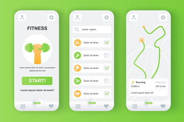 Poster - Fitness monitor unique neomorphic design kit for mobile app. Personal tracker with running route on map, different kinds of workouts. Sport UI, UX template set. GUI for responsive mobile application.